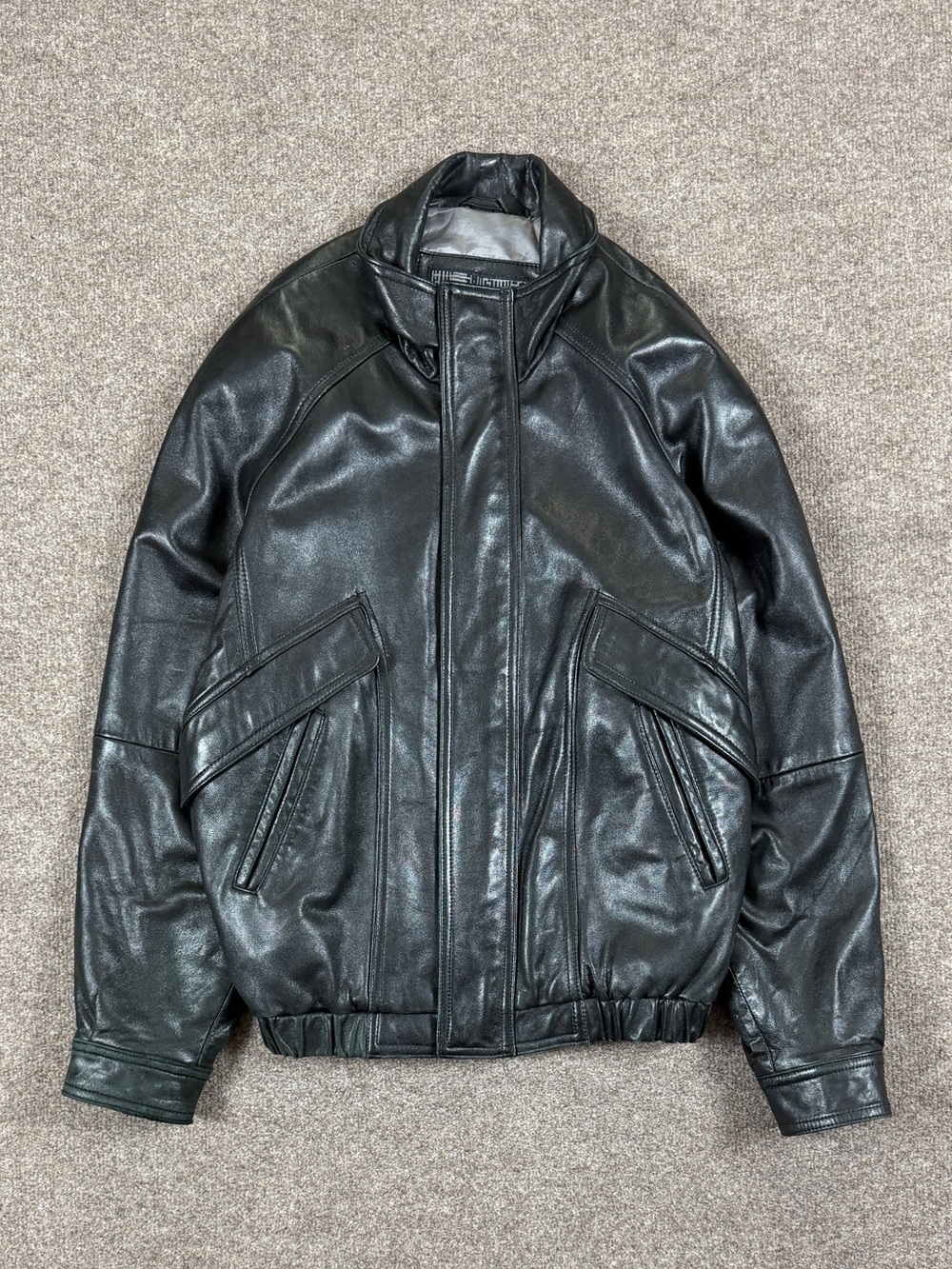Vintage Black Genuine Leather Bomber Jacket Men’s Large Funnel Neck Elbow Patch